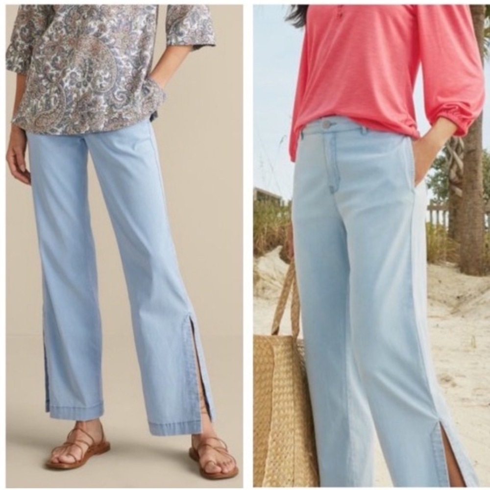 NEW Soft Surroundings Arcadia Wide Leg Pants Leg Slits Light Chambray Coastal 2X